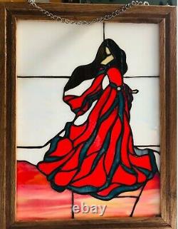 Stained glass window panel. Lady in red. Handmade. 18.5 x 14.5