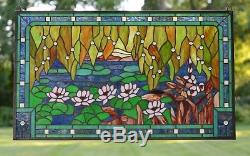 Stained glass window panel Waterlily Lotus Flower Pond, 34.5 X 20.5