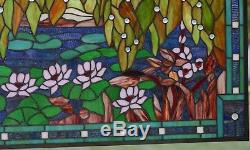 Stained glass window panel Waterlily Lotus Flower Pond, 34.5 X 20.5