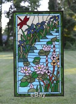 Stained glass window panel Waterlily Lotus dragonfly Flower Pond, 34.5 x 20.5