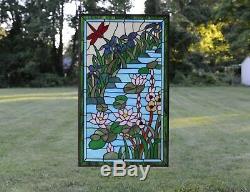 Stained glass window panel Waterlily Lotus dragonfly Flower Pond, 34.5 x 20.5