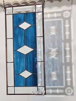 Stained glass window panel, bevels, diamonds, blue waterglass 18.5x8.5, 47x21cm