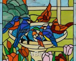 Stained glass window panel bird bath birds with Flowers, 20.5 x 34.75