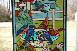 Stained glass window panel bird bath birds with Flowers, 20.5 x 34.75
