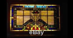 Stained glass window panel peacock antique 64x35 boxed & lit