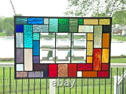 Stained glass window panel rainbow geometric with bevels 18 1/2 x 12