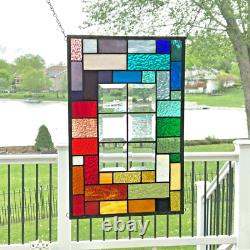 Stained glass window panel rainbow geometric with bevels 18 1/2 x 12