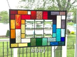 Stained glass window panel rainbow geometric with bevels 18 1/2 x 12