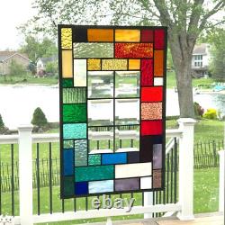 Stained glass window panel rainbow geometric with bevels 18 1/2 x 12
