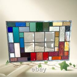 Stained glass window panel rainbow geometric with bevels 18 1/2 x 12