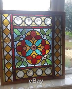 Stunning Antique Victorian Framed Stained Glass, Bullseye Glass Square Panel
