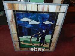 Stunning High Wheel Bicycle Leaded Stained Glass Panel