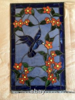 Stunning Signed Handcrafted Stained Glass Panel- Hummingbird & Blossoms, 1995