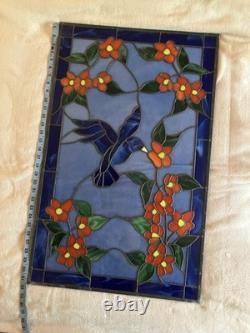 Stunning Signed Handcrafted Stained Glass Panel- Hummingbird & Blossoms, 1995