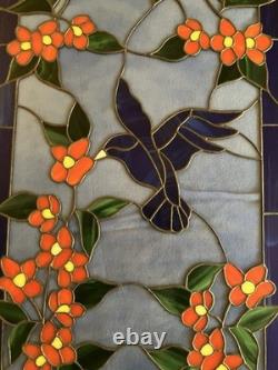 Stunning Signed Handcrafted Stained Glass Panel- Hummingbird & Blossoms, 1995