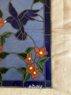 Stunning Signed Handcrafted Stained Glass Panel- Hummingbird & Blossoms, 1995