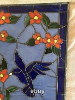 Stunning Signed Handcrafted Stained Glass Panel- Hummingbird & Blossoms, 1995