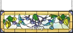 Style Stained Glass Hummingbirds Fuchsia Horizontal Art Glass Panel 10 x 32