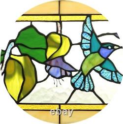 Style Stained Glass Hummingbirds Fuchsia Horizontal Art Glass Panel 10 x 32