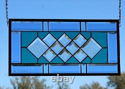 TEAL& BLUE Beveled Stained Glass Panel, Window HMD-US-? 20 3/4 10 3/4