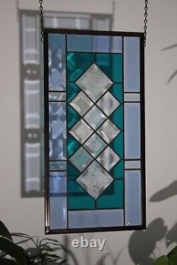 TEAL& BLUE Beveled Stained Glass Panel, Window HMD-US-? 20 3/4 10 3/4