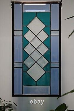 TEAL& BLUE Beveled Stained Glass Panel, Window HMD-US-? 20 3/4 10 3/4