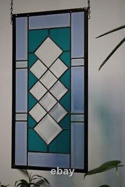 TEAL& BLUE Beveled Stained Glass Panel, Window HMD-US-? 20 3/4 10 3/4