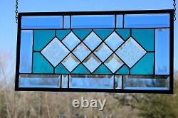 TEAL& BLUE Beveled Stained Glass Panel, Window HMD-US-? 20 3/4 10 3/4