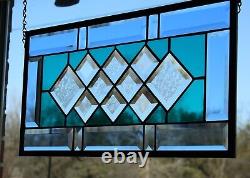 TEAL& BLUE Beveled Stained Glass Panel, Window HMD-US-? 20 3/4 10 3/4