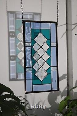 TEAL& BLUE Beveled Stained Glass Panel, Window HMD-US-? 20 3/4 10 3/4