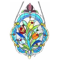 TIFFANY TULIPS BOUQUET 15x22 FLORAL ROSES OVAL STAINED GLASS WINDOW PANEL