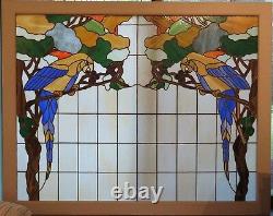 TWO PARROTS IN COLORFUL TREE BACKGROUND 59x47. STAINED GLASS WINDOW PANEL