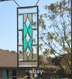 Teal& Amber Beveled Stained Glass Window Panel, ? 19 1/2 X 7 1/2