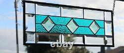 Teal and Green Beveles Stained Glass Window Panel, 19 1/2 X 7 1/2