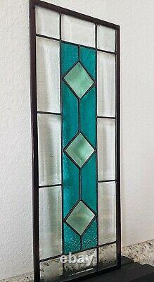 Teal and Green Beveles Stained Glass Window Panel, 19 1/2 X 7 1/2