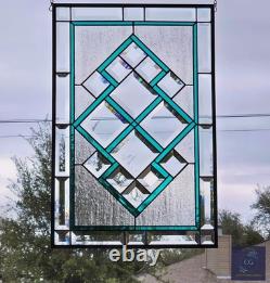 Teal green stained glass window panel with beveled, hanging 23 1/2x 15 5/8