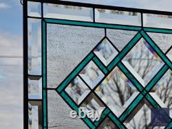 Teal green stained glass window panel with beveled, hanging 23 1/2x 15 5/8