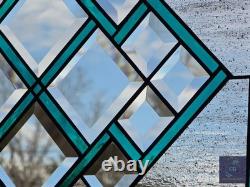 Teal green stained glass window panel with beveled, hanging 23 1/2x 15 5/8