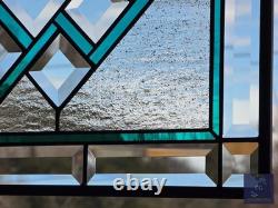 Teal green stained glass window panel with beveled, hanging 23 1/2x 15 5/8