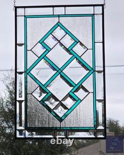 Teal green stained glass window panel with beveled, hanging 23 1/2x 15 5/8