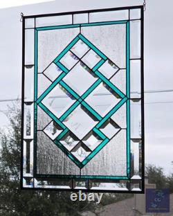 Teal green stained glass window panel with beveled, hanging 23 1/2x 15 5/8