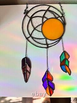 Tiffany Round Window Panel. Moon. Feathers. Suncatcher. 21 in