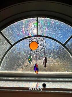 Tiffany Round Window Panel. Moon. Feathers. Suncatcher. 21 in