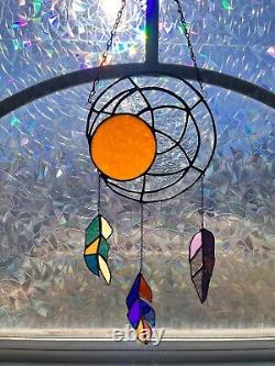 Tiffany Round Window Panel. Moon. Feathers. Suncatcher. 21 in