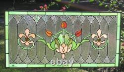 Tiffany Stained Glass Transom Window Panel Fleur De Lis 32 x 16