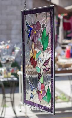 Tiffany Stained Glass Window 3 Hummingbirds Flower Garden Window Panel Stain Art