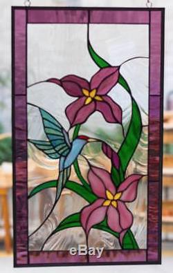 Tiffany Stained Glass Window Hummingbird Oriental Lilly Flowers Window Panel