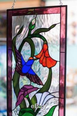 Tiffany Stained Glass Window Hummingbird in Flower Field Window Panel Hammered