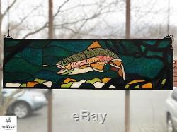 Tiffany Style 30x9 Stained Glass Multi-Color Window Panel with Trout. Amazing
