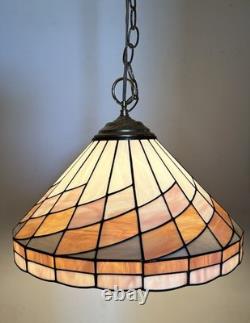 Tiffany-Style Arts Crafts Leaded 17 Stained Slag Glass Hanging Light-Vtg 1970s